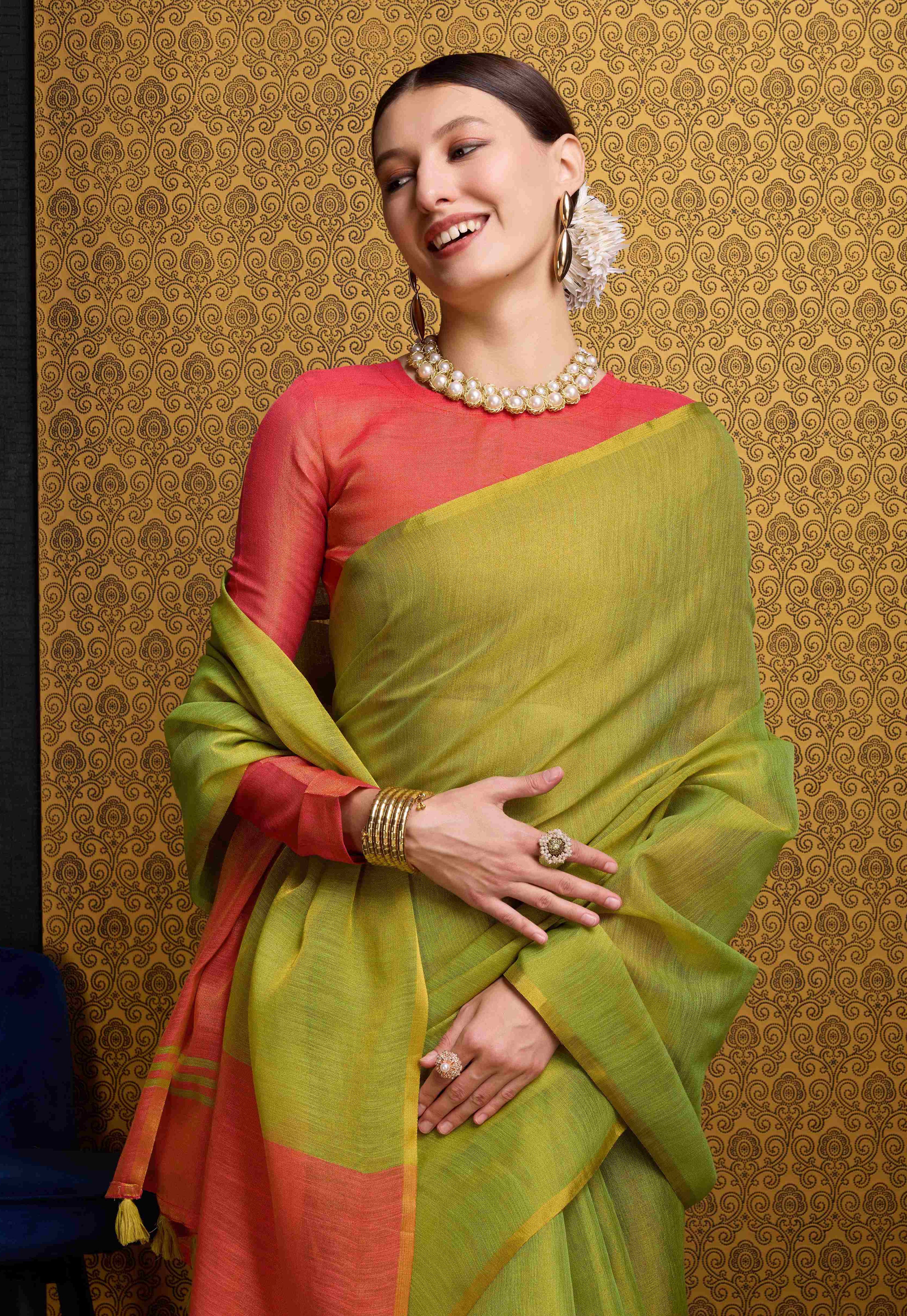 Soft Pista Green Linen Saree