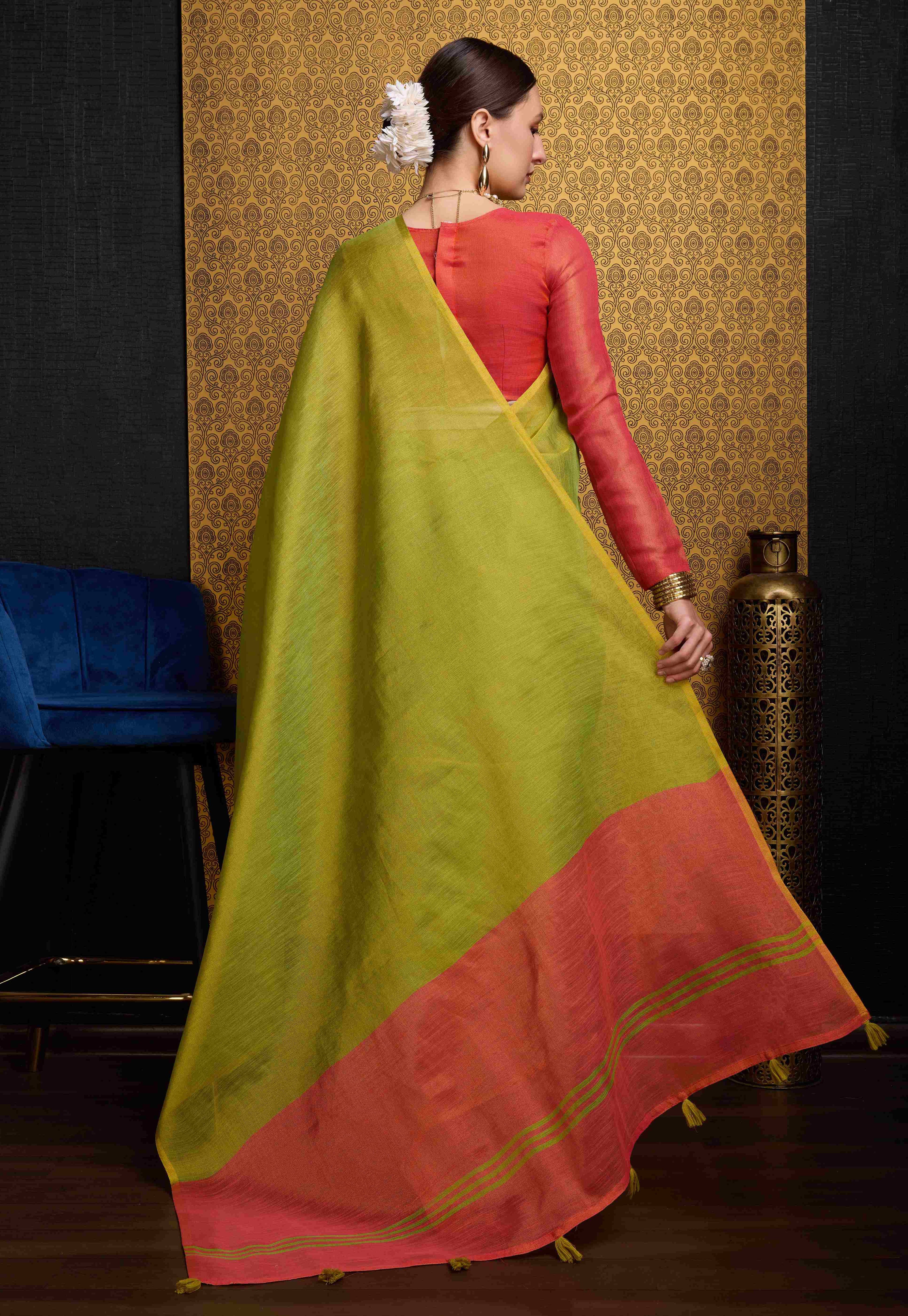 Soft Pista Green Linen Saree