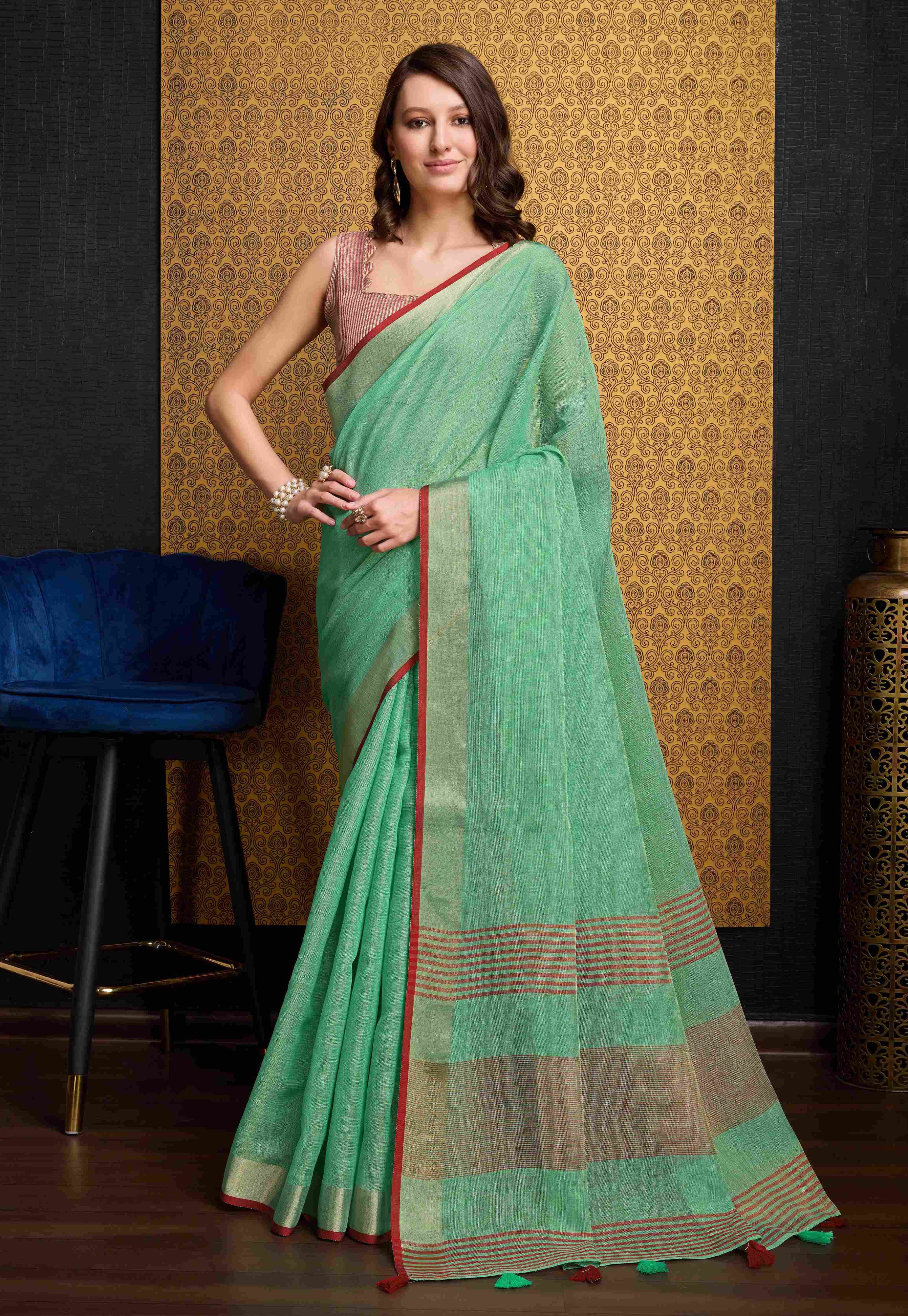 Serene Sea Green Linen Saree