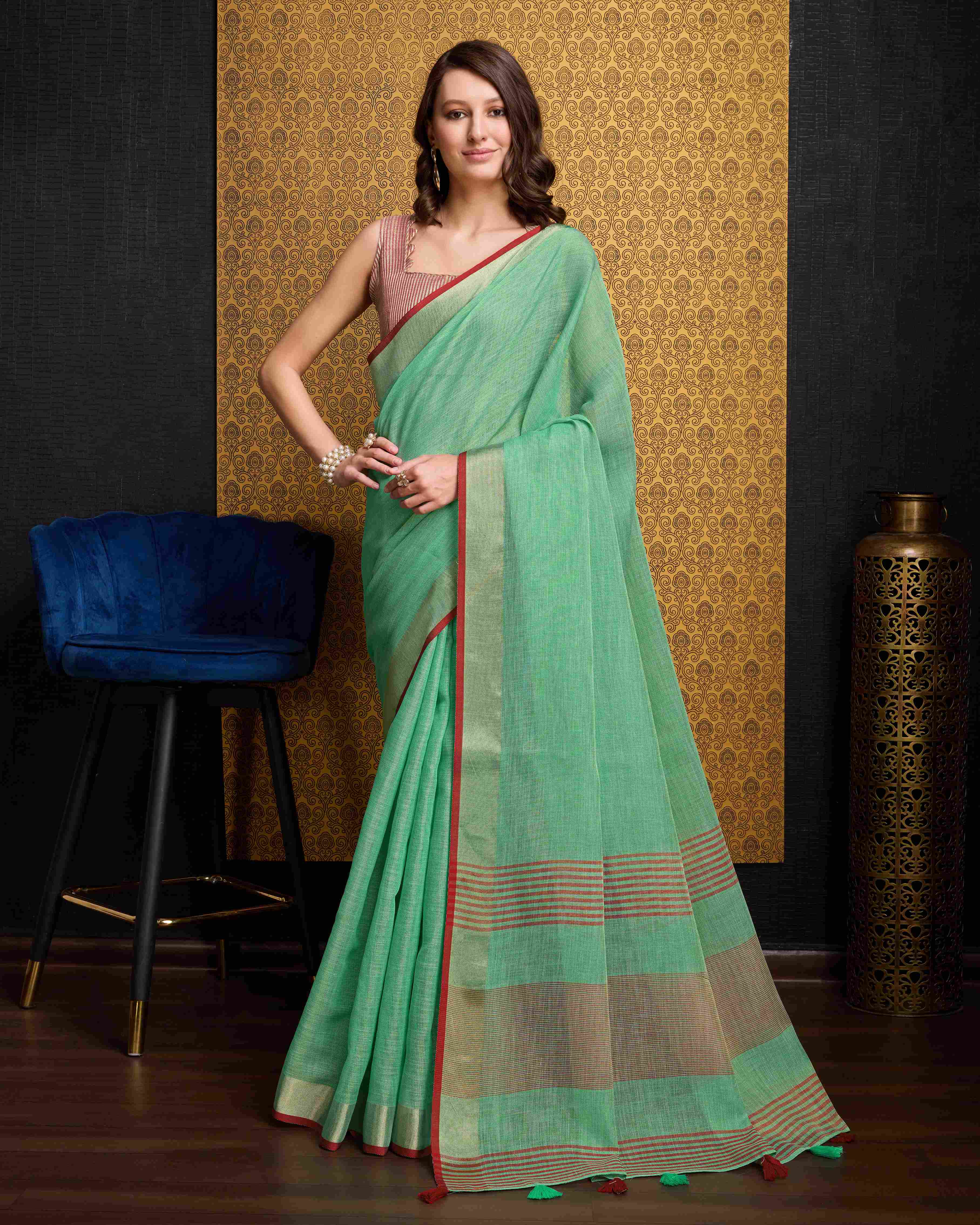 Serene Sea Green Linen Saree