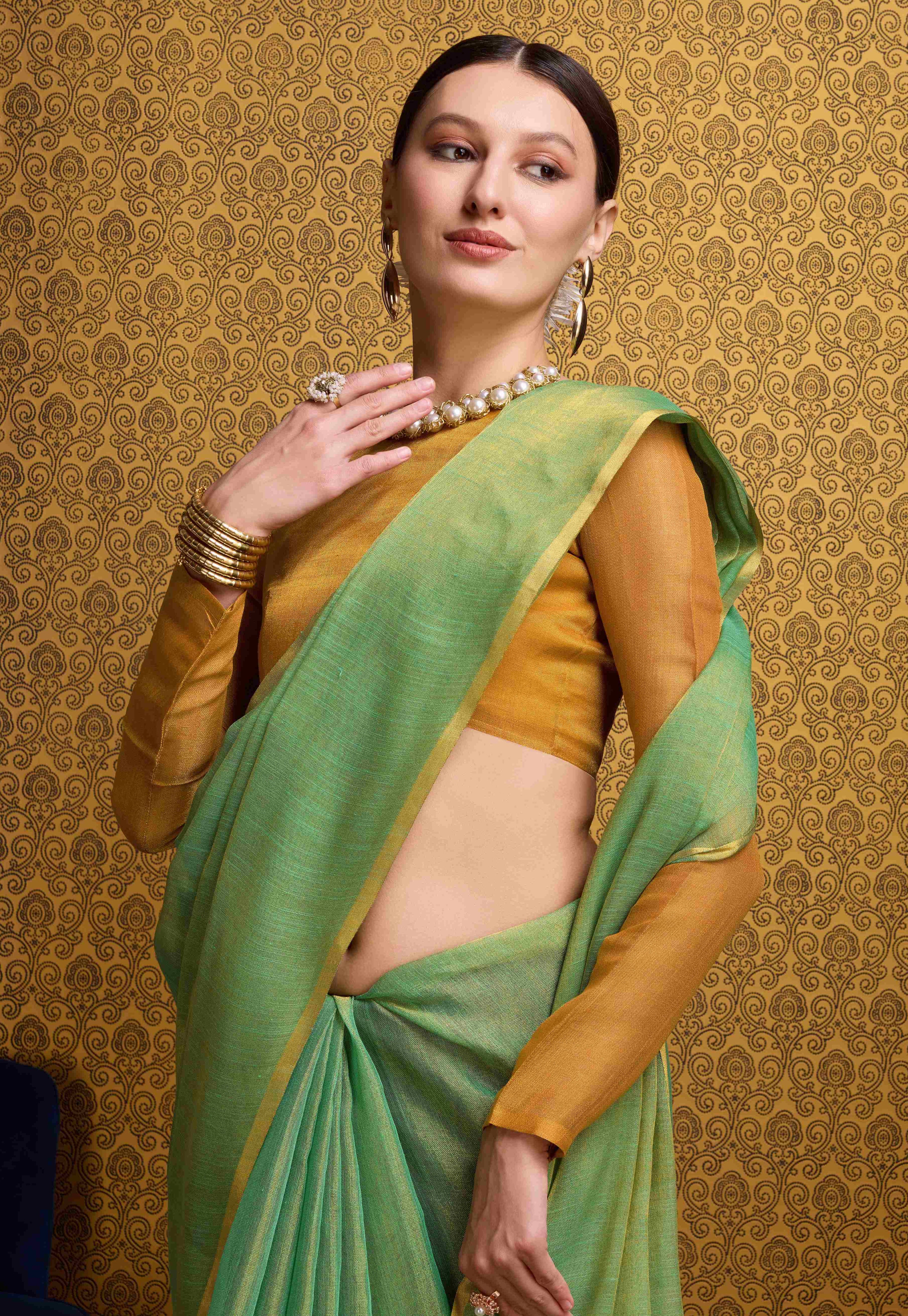 Elegant Green Linen Saree