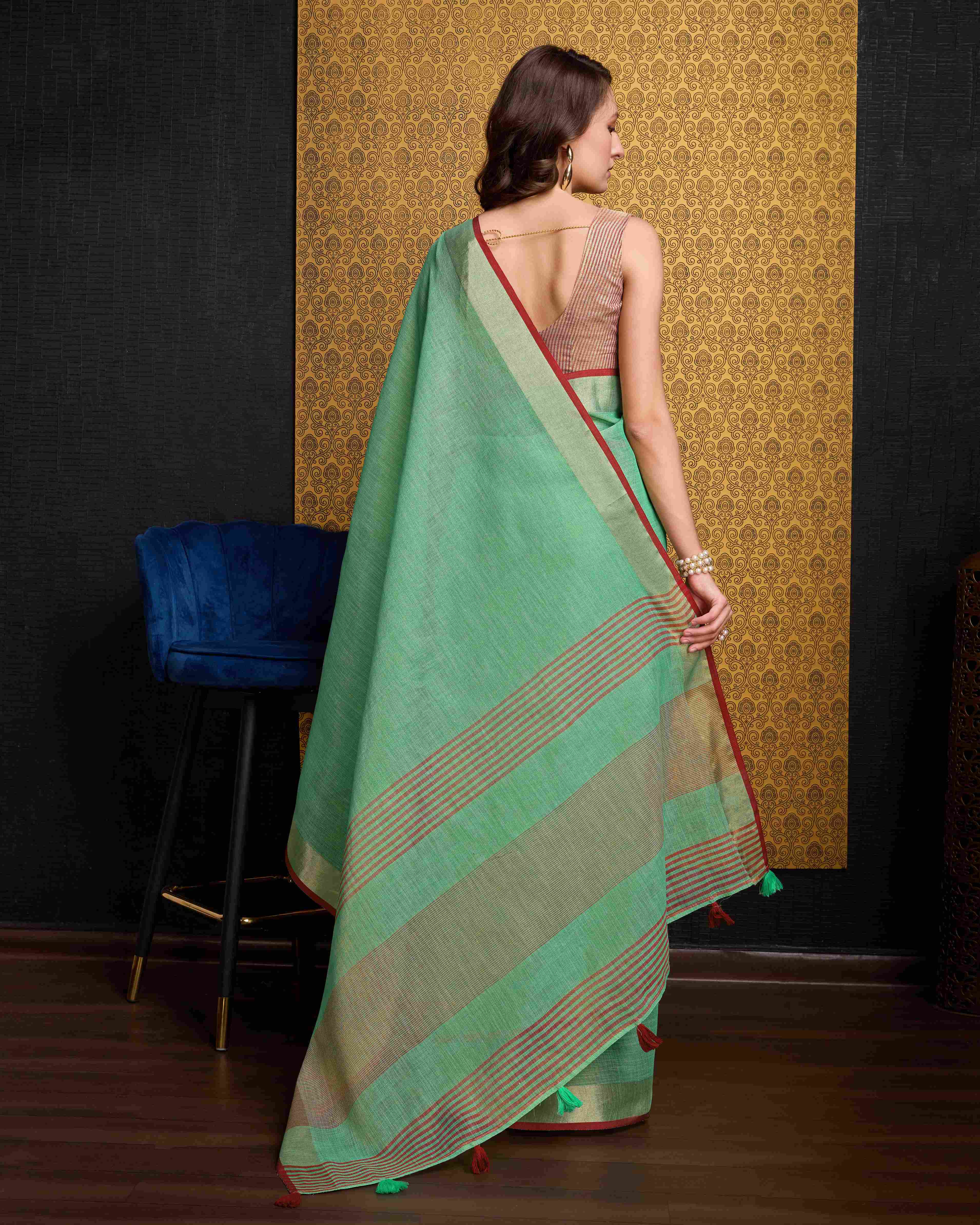 Serene Sea Green Linen Saree